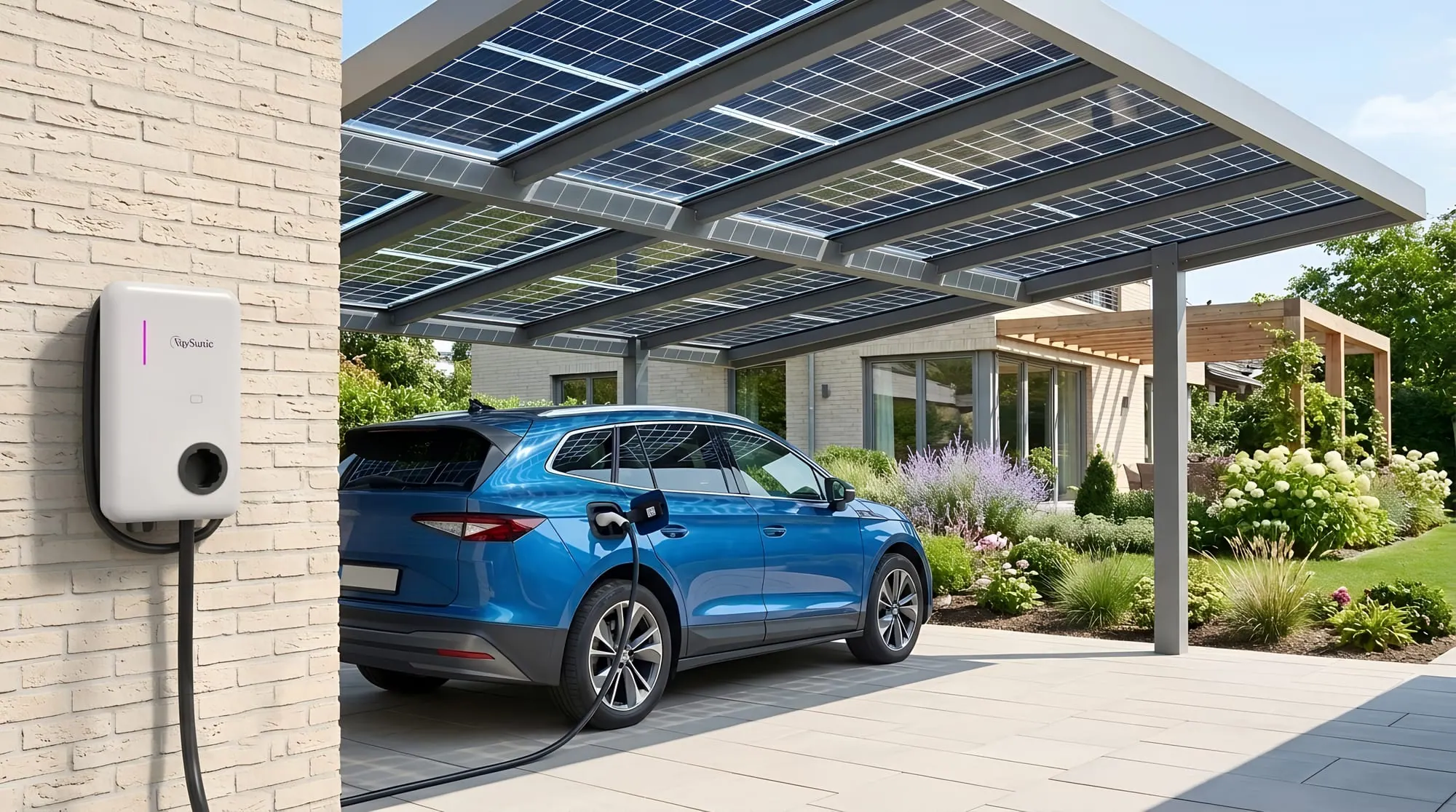 ChargeFlow wallbox charging an EV under a solar carport